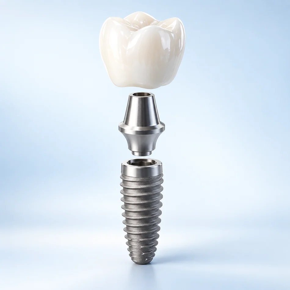 Render educativo de coroa, conexão e implante dentário de titânio.